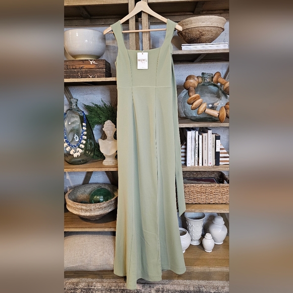 Mumu Paris Dress Formal Maxi Squareneck Side Slit Matching Sash Moss Green NWT - Picture 7 of 11